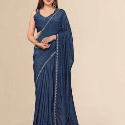 FABMORA Teal Solid Saree with Unstitched Blouse-picture-32