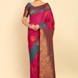 Soch Womens Fuchsia Floral Zari Woven Design Silk Blend Saree With Tassels-image-3