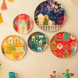 RITUALISTIC Multicolor Iron Printed Vintage India Wall Plates - Set of 5-1