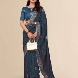 FABMORA Teal Embroidered Saree with Unstitched Blouse-image-11