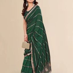 FABMORA Green Silk Embroidered Saree with Unstitched Blouse-image-17