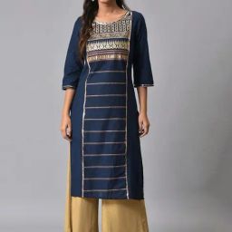 Aurelia Blue Cotton Printed Straight Kurta-picture-11