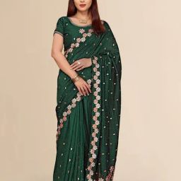 FABMORA Green Silk Embroidered Saree with Unstitched Blouse-image-38