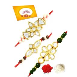 Karatcart Gold-Plated Kundan Rakhi with Roli Chawal & Greeting Card for Brother - Set of 3-18