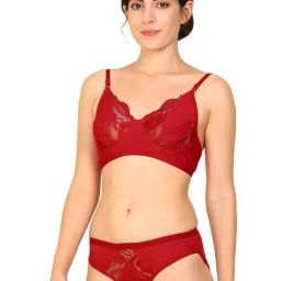 AROUSY Red Cotton Self Pattern Bra Panty Set-13