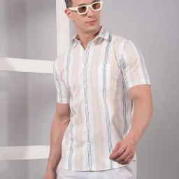 Crimsoune Club White Cotton Slim Fit Stripes Casual Shirt-image-38