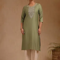Soch Green Linen Embroidered Kurta-image-55