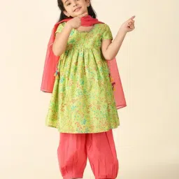 Fabindia Kids Lime Green & Coral Floral Print Kurta, Salwar with Dupatta-picture-43