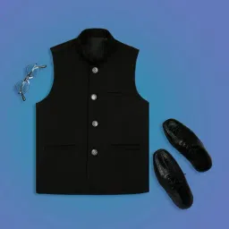 Kids Island Boys Black Solid Nehru Jacket-image-84