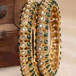 Karatcart Antique Gold-Plated Green Kundan Rajwadi Bangles for Women - Set of 2-5