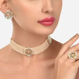 Zaveri Pearls Peach Crystal Beads Woven Multistrand Choker Necklace Earring & Ring Set-ZPFK12181-image-42