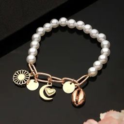 Aatmana Sea Shell, Heart, Moon & Pearl Hanging Golden Charms Bracelet-image-63