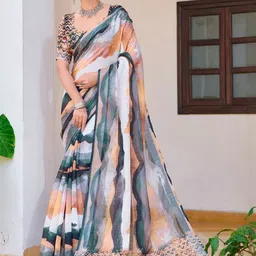 PHEASANT Abstract Printed Pure Linen Block Print Saree-picture-3
