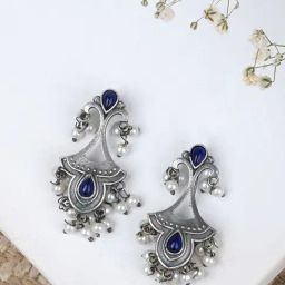 Teejh Ethnic Nilay Dark Blue Stone Silver Oxidized Dangler Earrings-23