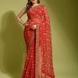 Thishma Floral Printed Embellished Pure Chiffon Saree-23