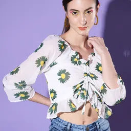 QIOA Women Floral Print Georgette Crop Top-image-9