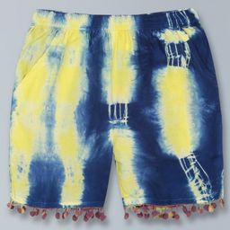 Kiddopanti Pom Pom Lace Hem Tie & Dye Shorts - Yellow & Blue-image-49