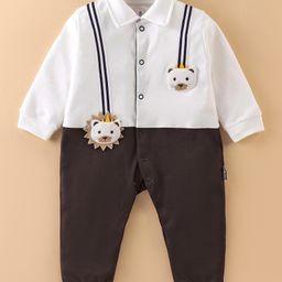 Child World Interlock Cotton Knit Full Sleeves Party Rompers with Bow & Bear Applique - Brown-picture-27