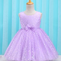 Babyhug Sleeveless Party Frock With Foil Print & Bow Applique- Lilac-picture-44