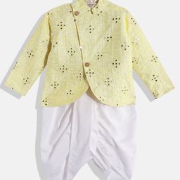 READIPRINT Full Sleeves Seamless Embroidered & Mirror Work Embellished Curved Hem Designed Sherwani Style Silk Kurta With Dhoti - Yellow-image-54