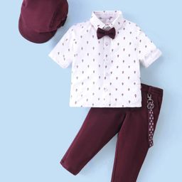 Babyhug Woven Full Sleeves Party Wear Shirt & Pant Set With Bow & Suspender Ice Cream Print - White & Maroon-image-8