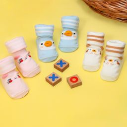 Yellow Bee Pack Of 3 Duck & Bear Face Detailed Striped Anti Skid Socks - Pink Blue & Cream-image-28