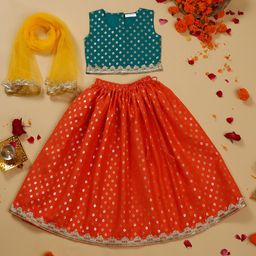 Saka Designs By Sapna Sleeveless Foil Printed Lace Detailed Coordinating Lehenga Choli With Dupatta - Orange & Green-image-73
