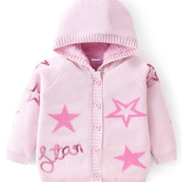 Babyhug Knitted Full Sleeves Front Open Hooded Sweater with Star Design - Pink-image-111