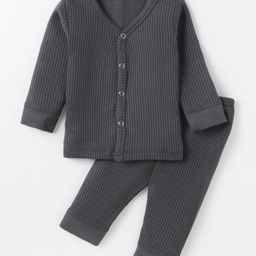 Kanvin Cotton Knit Full Sleeves Front Open Thermal Vest & Pant Set - Charcoal Grey-image-97