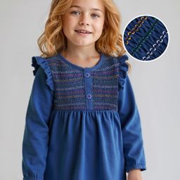 Babyhug Cotton Knit Full Sleeves Top with Smocking Detailing - Navy Blue-image-106