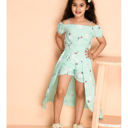 Kids Cave Cold Shoulder Floral Printed Flared Jumpsuit - Light Green-image-83