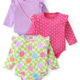 Babyhug 100% Cotton Knit Full Sleeves Onesies with Frill Detailing Polka Dots & Strawberry  Print Pack of 3 - Pink Lavender & Green-image-46
