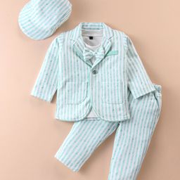 Robo Fry Lycra Knit Full Sleeves Striped T-Shirt & Trouser Set with Hat & Attached Bow - Green-image-60