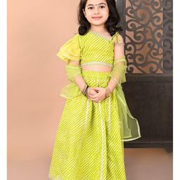 Superminis One Shoulder Lace Embellished & Leheriya Printed Coordinating Lehenga Choli With Dupatta Set - Green-picture-10