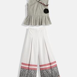 Twisha Cotton Sleeveless Motif Printed & Floral Applique Detailed Peplum Top With Palazzo Set - Grey & White-image-32
