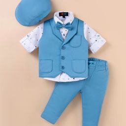 Robo Fry Lycra Knit Full Sleeves Printed 3 Piece Party Suit With Bow & Hat - Light Blue-image-84