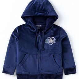 Bodycare Velour Knitted Text Sequinned Full Sleeves HoodedJacket with Kangaroo Pockets - Navy Blue-image-45