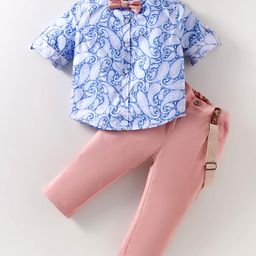 ToffyHouse Cotton Knit Full Sleeves Printed Shirt & Trouser With Bow & Suspender - White Blue & Pink-image-85