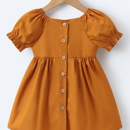 Mark & Mia Half Puffed Sleeves Solid Cotton Front Open Frock - Brown-image-67