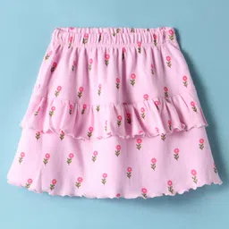 Tango Interlock Knit Knee length Frilled Skirt with Floral Print - Pink-picture-43