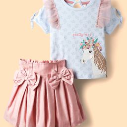 ToffyHouse Knitted Full Sleeves Top & Skirt Set With Horse Print & Floral Embroidery - Light Blue & Light Red-image-62