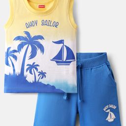 Babyhug Single Jersey Knit Sleeveless Tank T-Shirt and Shorts Set with Beach Theme Print - Blue & Yellow-image-60