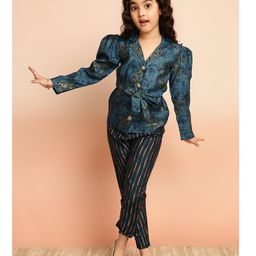 ISHTI Full Julliet Sleeves Floral Printed Shirt With Striped Pant - Blue-image-86