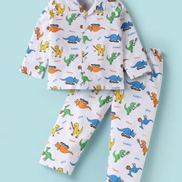 Kookie Kids Single Jersey Knit Full Sleeves Co-Ord Night Suit With Dino Print - White-image-55
