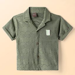 Little Kangaroos Cotton Woven Half Sleeves Solid Color Textured Shirt - Olive Green-image-84