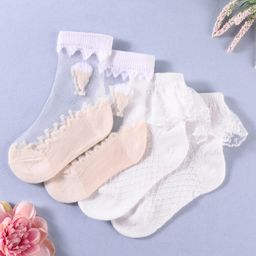 KIDLINGSS Pack Of 2 Hot Air Balloon Designed & Lace Detailed Colour Blocked Socks - Beige & Off White-image-4