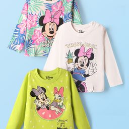Babyhug Disney Single Jersey Knit Full Sleeve T-Shirt with Minnie Mouse Graphic Pack of 3 - Limegreen & White-picture-0
