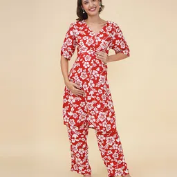 Mine4Nine Rayon Woven Three Fourth Sleeves Floral Printed Coordinating Maternity Kurta With Nursing Access & Pant Set - Red-picture-2