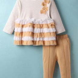 ToffyHouse Interlock Knit Full Sleeves Striped Top & Pant Set with Frill Detailing & Bow Applique - Tan-picture-13