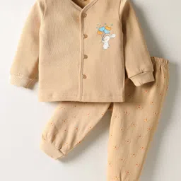 Tango Fleece Knit Full Sleeves Night Suit With Animal Print - Tan-picture-27
